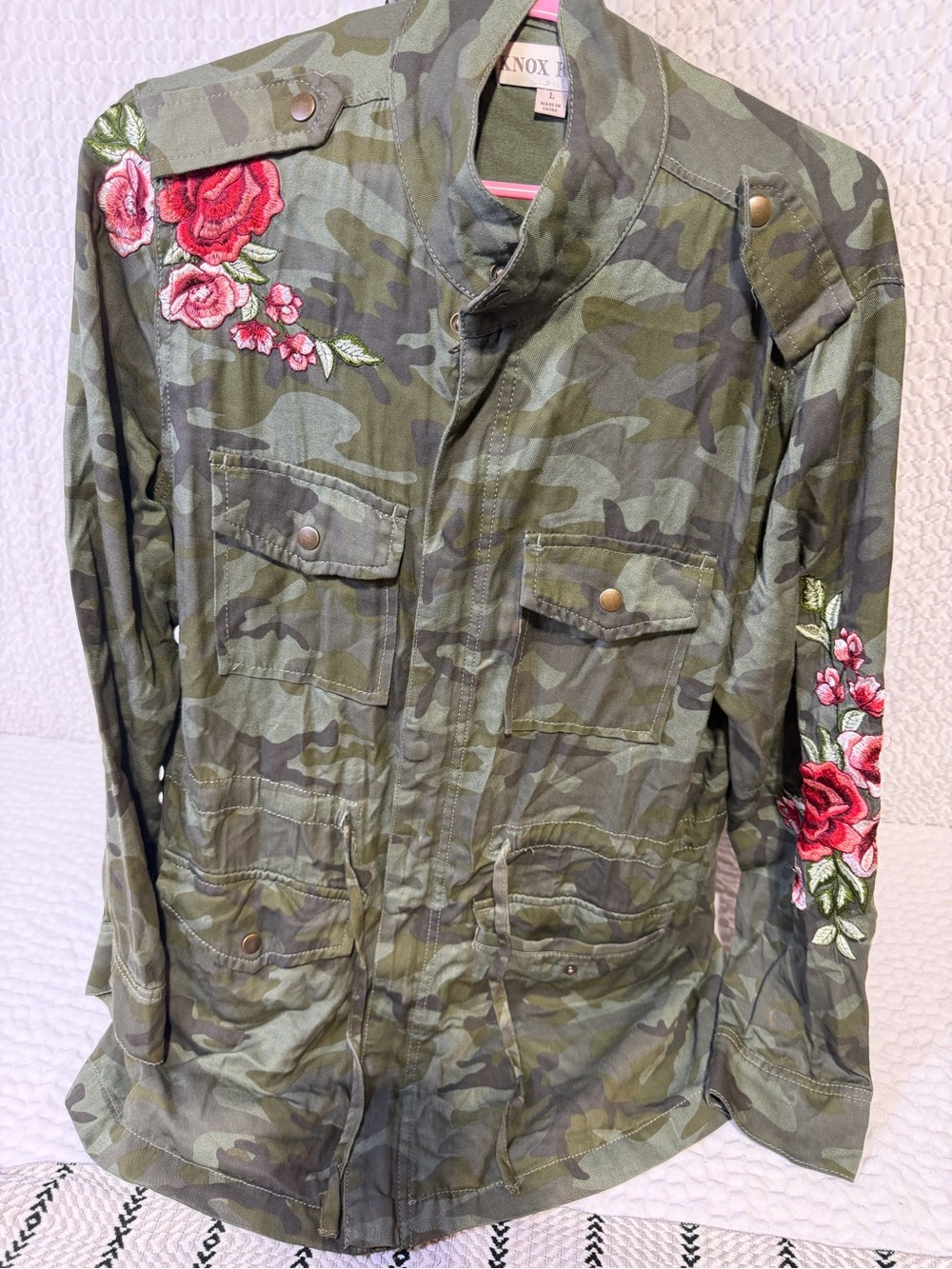 Knox Rose Olive Green Camouflage Jacket with Rose Embroidery